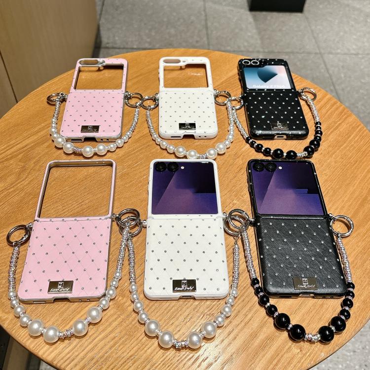 For Samsung Galaxy Z Flip7 5G Nameplate Style Diamond Patterned Side Clip Phone Case with Bracelet