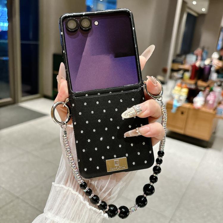 For Samsung Galaxy Z Flip5 5G Nameplate Style Diamond Patterned Side Clip Phone Case with Bracelet