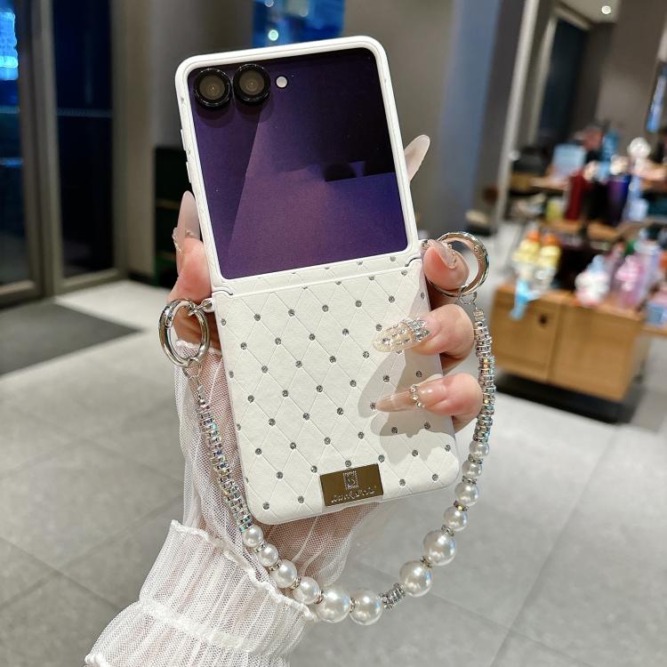 For Samsung Galaxy Z Flip5 5G Nameplate Style Diamond Patterned Side Clip Phone Case with Bracelet