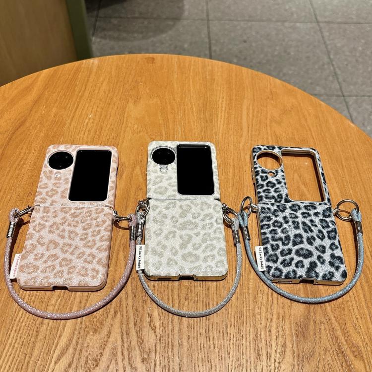 For OPPO Find N3 Flip Silver Leopard Print Side Clasp Phone Case with DIY Wrist Strap