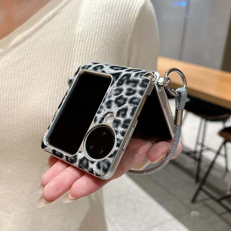 For OPPO Find N3 Flip Silver Leopard Print Side Clasp Phone Case with DIY Wrist Strap