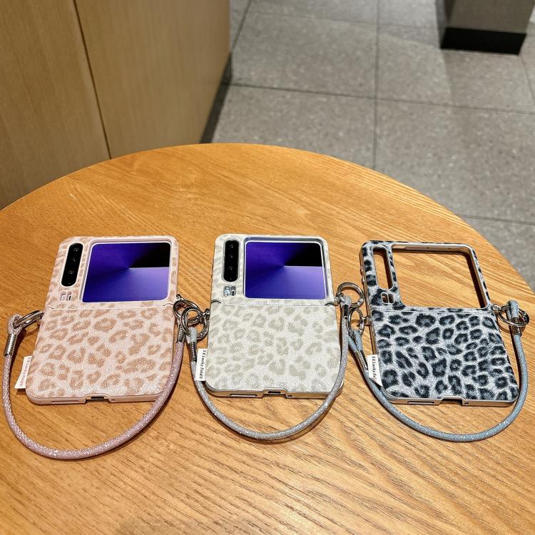 For Huawei Pura X Silver Leopard Print Side Clasp Phone Case with DIY Wrist Strap