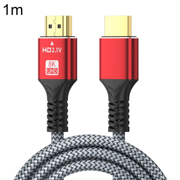 HDMI 2.1 High-Speed 8K Ultra HD Braided Gold-Plated Connection HDTV Video Cable, Length:1m - Grey Red