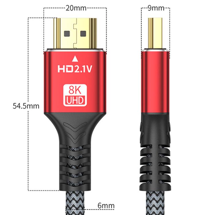 HDMI 2.1 High-Speed 8K Ultra HD Braided Gold-Plated Connection HDTV Video Cable, Length:2m - Grey Red