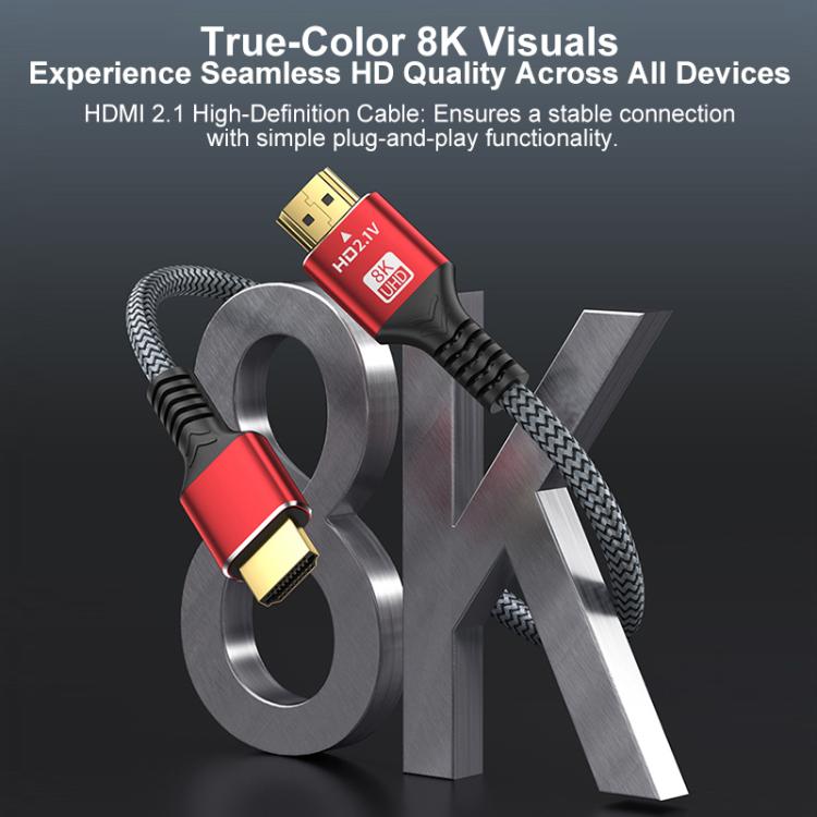 HDMI 2.1 High-Speed 8K Ultra HD Braided Gold-Plated Connection HDTV Video Cable, Length:2m - Grey Red