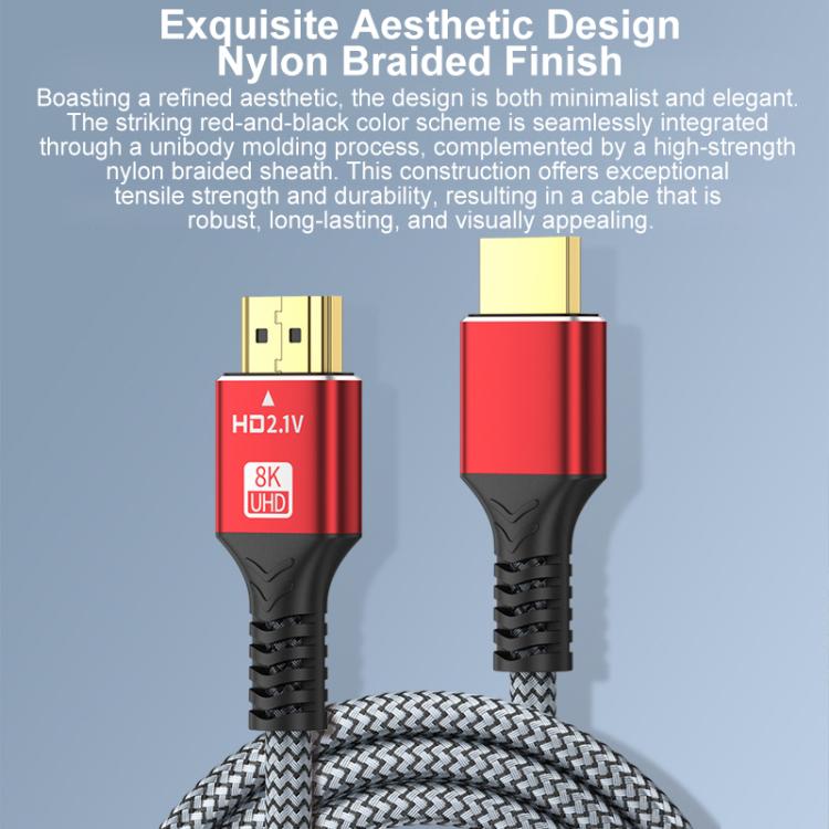 HDMI 2.1 High-Speed 8K Ultra HD Braided Gold-Plated Connection HDTV Video Cable, Length:5m - Grey Red