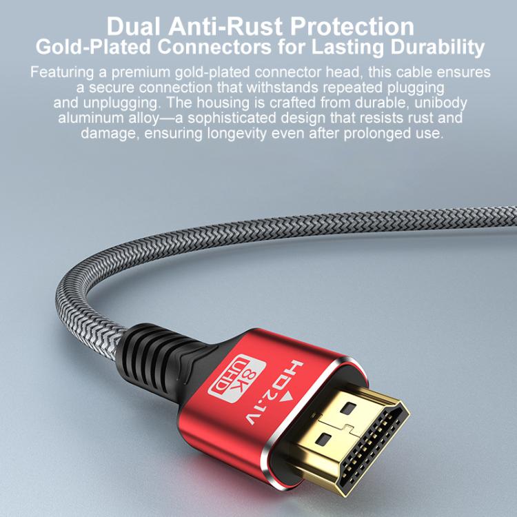 HDMI 2.1 High-Speed 8K Ultra HD Braided Gold-Plated Connection HDTV Video Cable, Length:3m - Grey Red