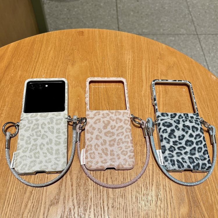 For Motorola Razr 60 / 50 Silver Leopard Print Side Clasp Phone Case with DIY Wrist Strap