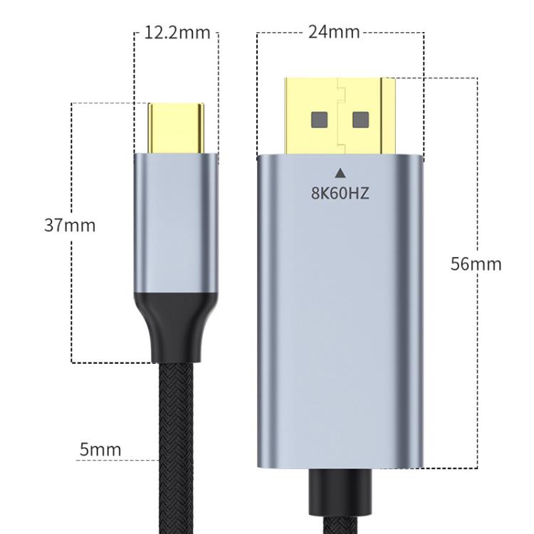 Type-C to DisplayPort 1.4 Ultra HD 8K Video Adapter Braided Cable, Length:2m - Black Silver
