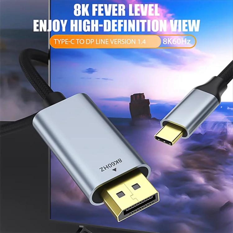 Type-C to DisplayPort 1.4 Ultra HD 8K Video Adapter Braided Cable, Length:2m - Black Silver
