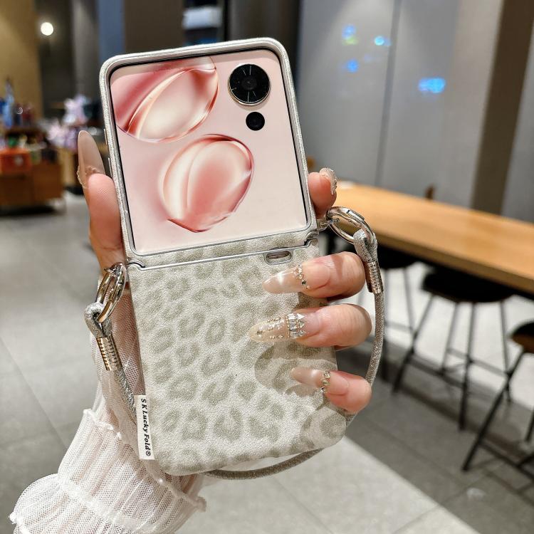 For Xiaomi Mix Flip 2 Silver Leopard Print Side Clasp Phone Case with DIY Wrist Strap