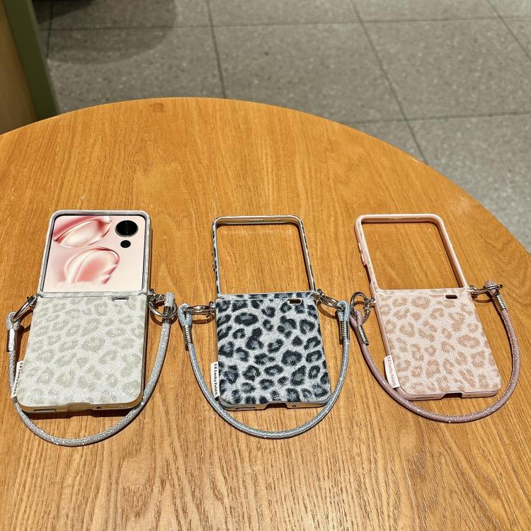 For Xiaomi Mix Flip 2 Silver Leopard Print Side Clasp Phone Case with DIY Wrist Strap