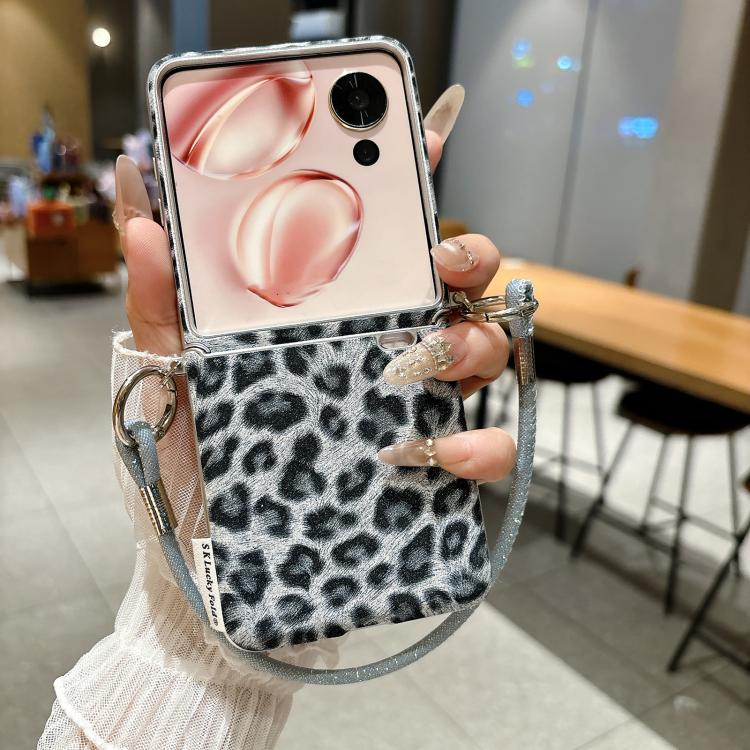 For Xiaomi Mix Flip Silver Leopard Print Side Clasp Phone Case with DIY Wrist Strap