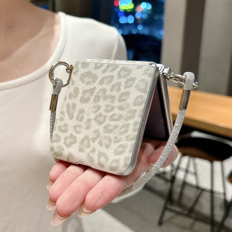 For Samsung Galaxy Z Flip6 5G / Flip7 FE Silver Leopard Print Side Clasp Phone Case with DIY Wrist Strap