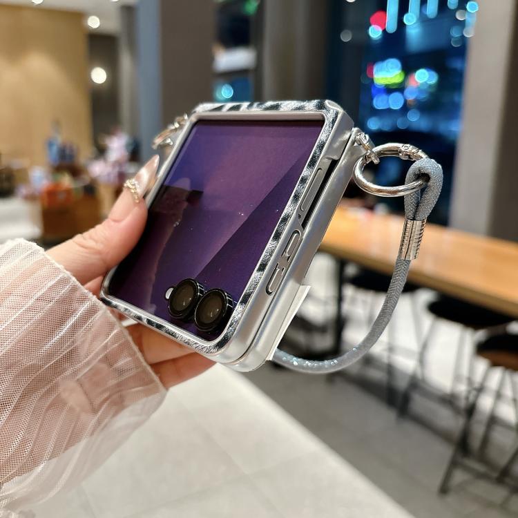 For Samsung Galaxy Z Flip7 5G Silver Leopard Print Side Clasp Phone Case with DIY Wrist Strap