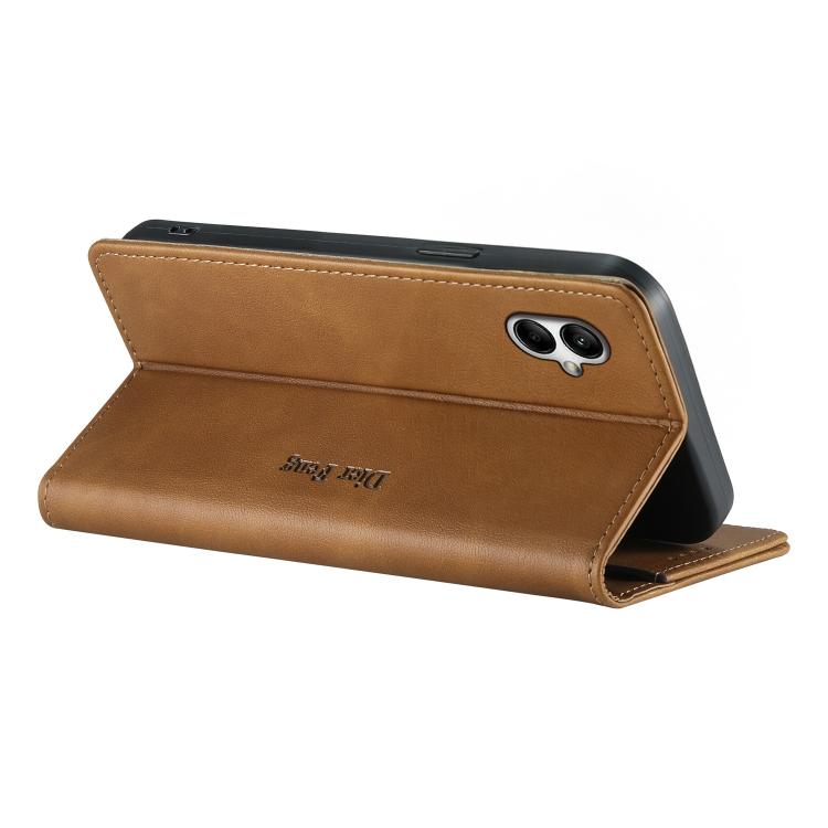 For Samsung Galaxy A05 Dierfeng Metal Snap Magnetic RFID Vegan Leather Phone Case