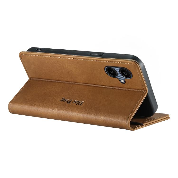 For Samsung Galaxy A06 / A07 4G / 5G Dierfeng Metal Snap Magnetic RFID Vegan Leather Phone Case