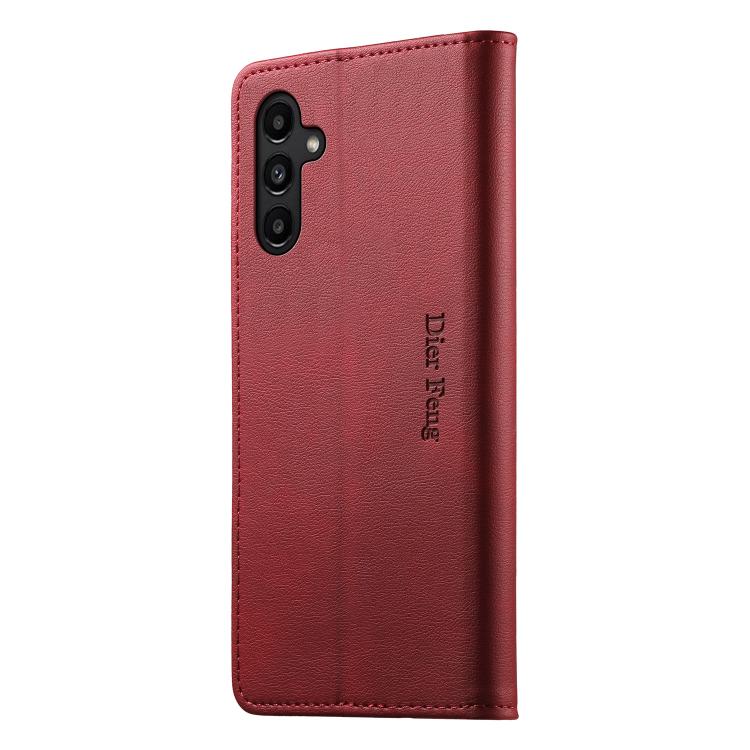 For Samsung Galaxy A14 4G / 5G Dierfeng Metal Snap Magnetic RFID Vegan Leather Phone Case