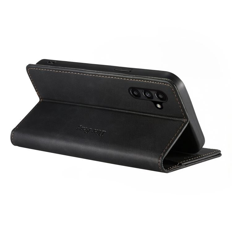 For Samsung Galaxy A15 4G / 5G Dierfeng Metal Snap Magnetic RFID Vegan Leather Phone Case