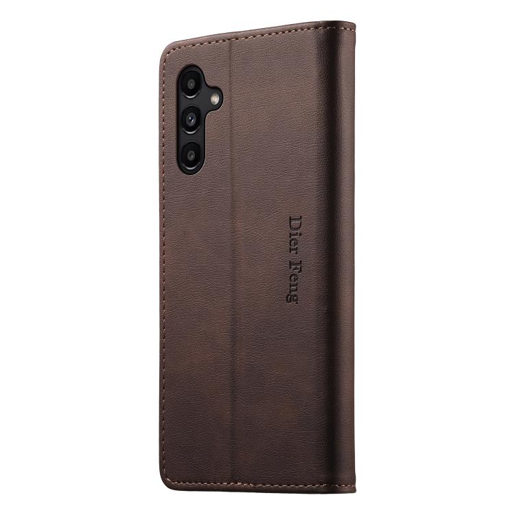 For Samsung Galaxy A15 4G / 5G Dierfeng Metal Snap Magnetic RFID Vegan Leather Phone Case