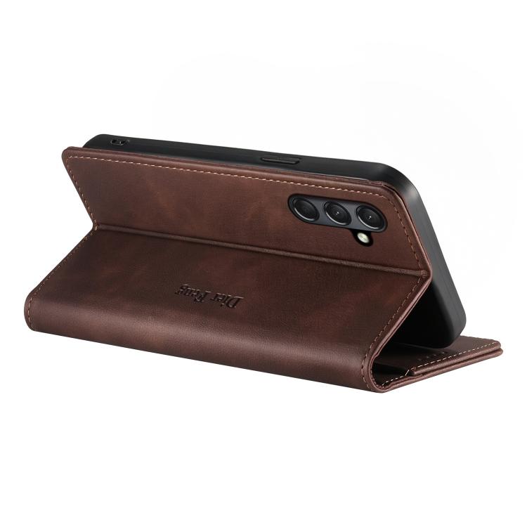 For Samsung Galaxy A24 4G Dierfeng Metal Snap Magnetic RFID Vegan Leather Phone Case
