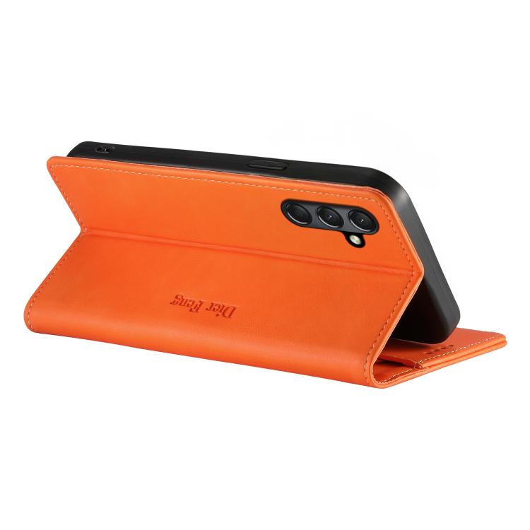 For Samsung Galaxy A24 4G Dierfeng Metal Snap Magnetic RFID Vegan Leather Phone Case