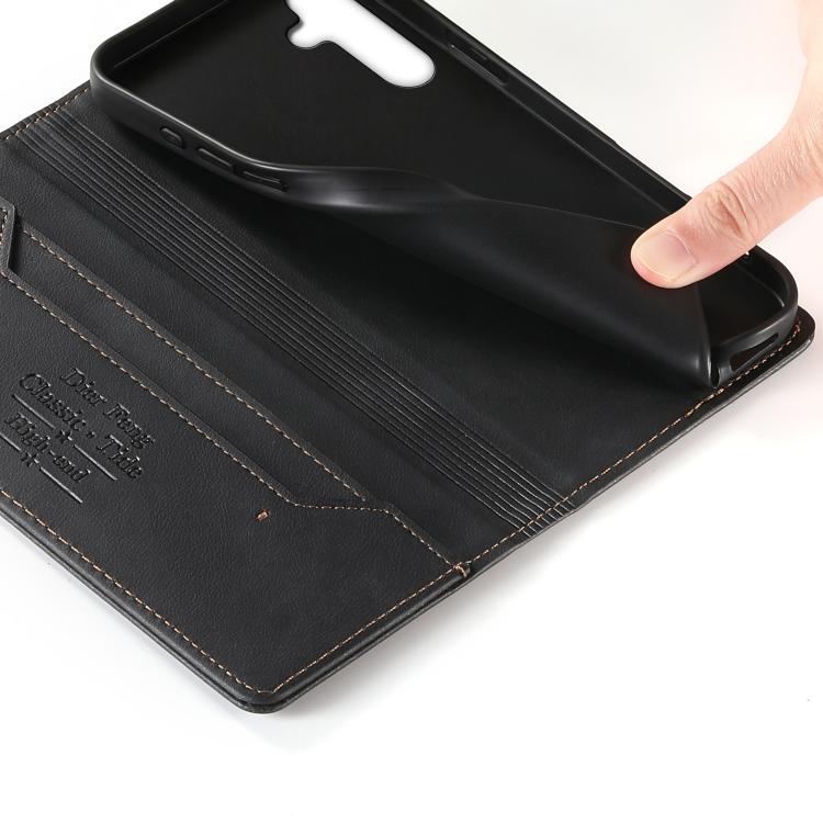 For Samsung Galaxy A25 5G Global Dierfeng Metal Snap Magnetic RFID Vegan Leather Phone Case