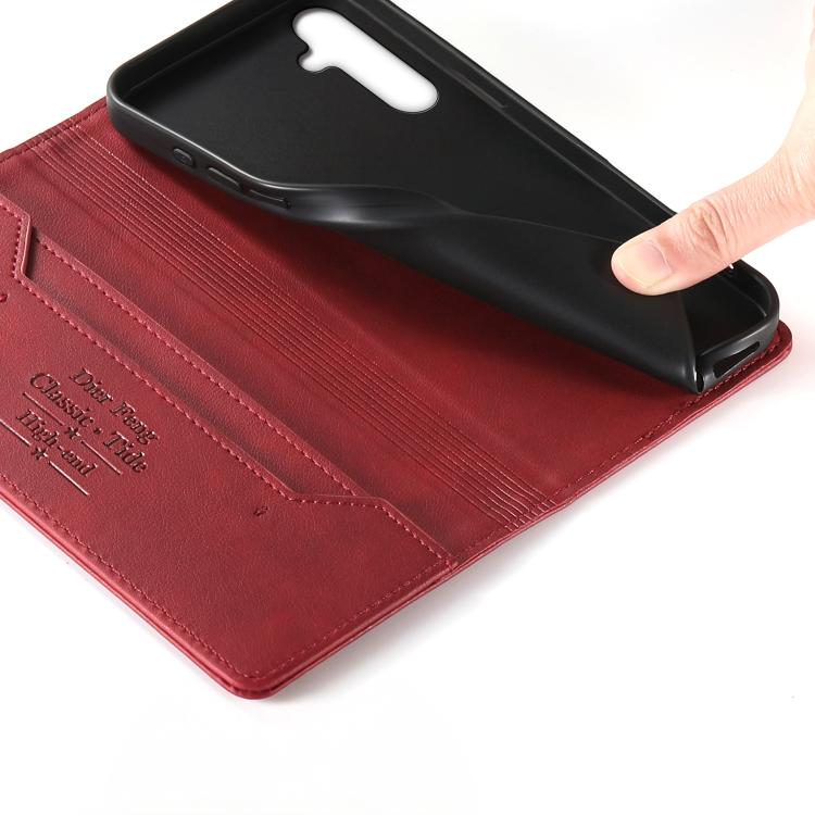 For Samsung Galaxy A34 5G Dierfeng Metal Snap Magnetic RFID Vegan Leather Phone Case
