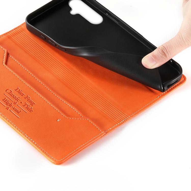 For Samsung Galaxy A35 5G Dierfeng Metal Snap Magnetic RFID Vegan Leather Phone Case