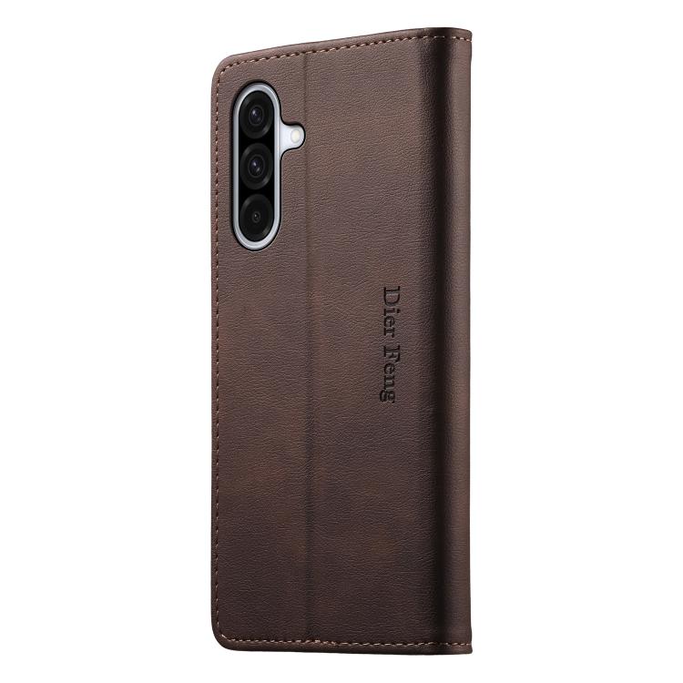 For Samsung Galaxy A36 5G Dierfeng Metal Snap Magnetic RFID Vegan Leather Phone Case