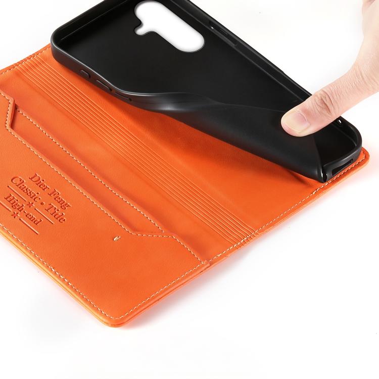 For Samsung Galaxy A36 5G Dierfeng Metal Snap Magnetic RFID Vegan Leather Phone Case