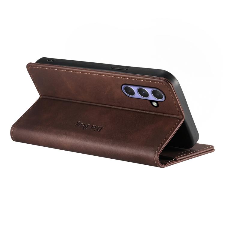 For Samsung Galaxy A55 5G Dierfeng Metal Snap Magnetic RFID Vegan Leather Phone Case