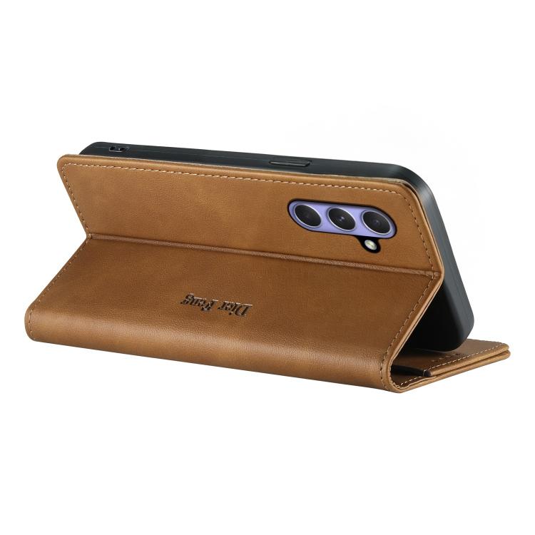 For Samsung Galaxy A55 5G Dierfeng Metal Snap Magnetic RFID Vegan Leather Phone Case