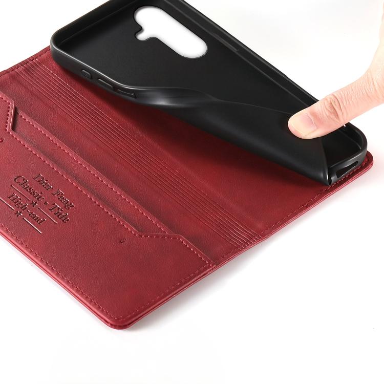 For Samsung Galaxy A57 5G Dierfeng Metal Snap Magnetic RFID Vegan Leather Phone Case
