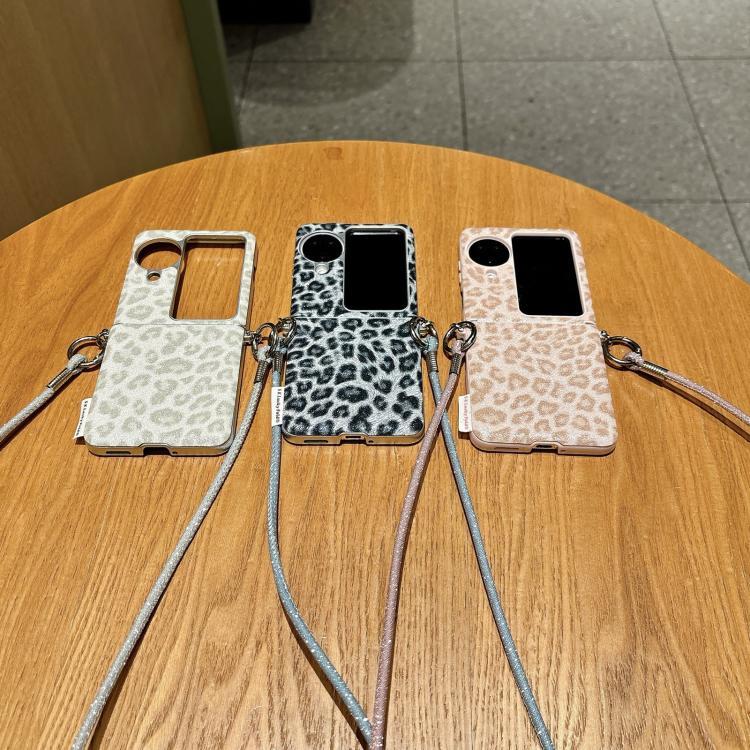 For OPPO Find N3 Flip Silver Leopard Print Side Clasp Phone Case with DIY Wrist Crossbody Strap