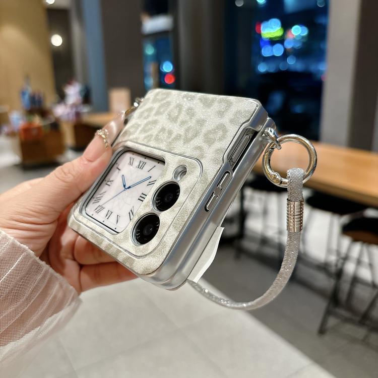 For Huawei nova Flip Silver Leopard Print Side Clasp Phone Case with DIY Wrist Crossbody Strap