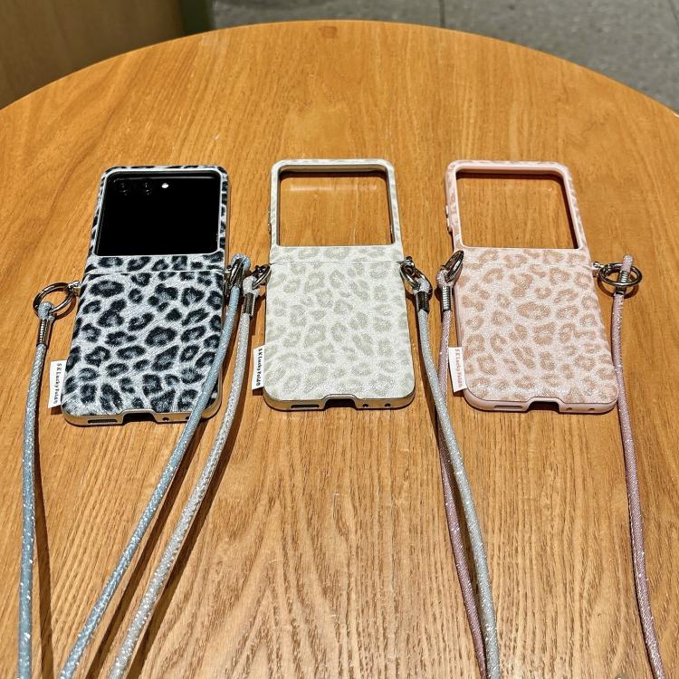 For Motorola Razr 60 Pro Silver Leopard Print Side Clasp Phone Case with DIY Wrist Crossbody Strap