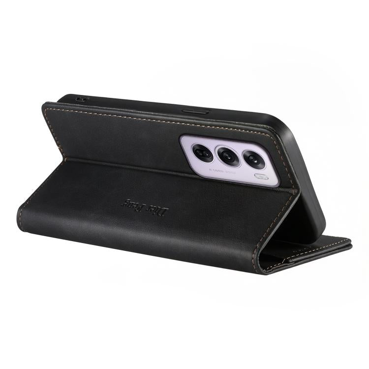 For OPPO Reno12 Pro Global Dierfeng Metal Snap Magnetic RFID Vegan Leather Phone Case