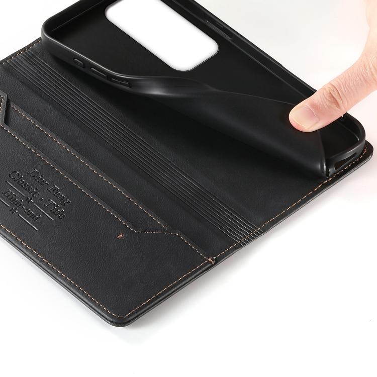 For OPPO Reno12 Pro Global Dierfeng Metal Snap Magnetic RFID Vegan Leather Phone Case