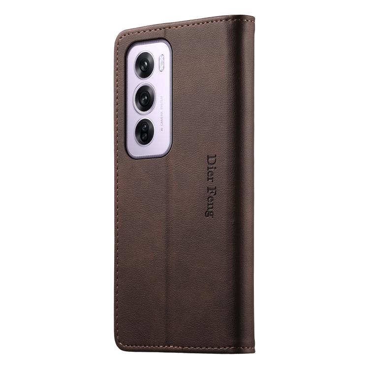 For OPPO Reno12 Pro Global Dierfeng Metal Snap Magnetic RFID Vegan Leather Phone Case