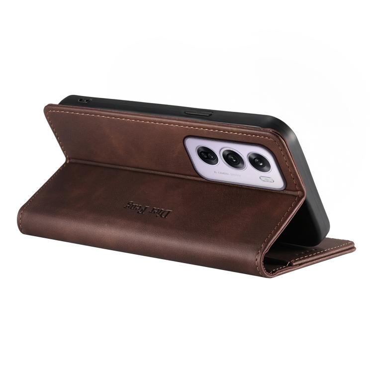 For OPPO Reno12 Pro Global Dierfeng Metal Snap Magnetic RFID Vegan Leather Phone Case