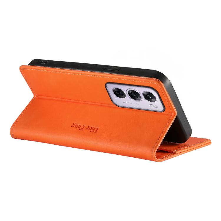 For OPPO Reno12 Pro Global Dierfeng Metal Snap Magnetic RFID Vegan Leather Phone Case