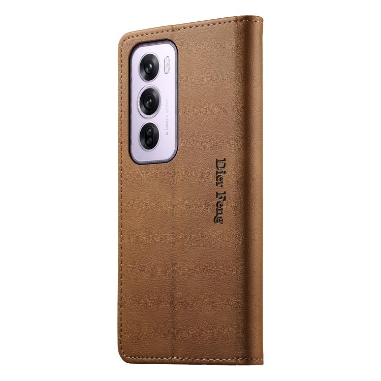 For OPPO Reno12 Pro Global Dierfeng Metal Snap Magnetic RFID Vegan Leather Phone Case