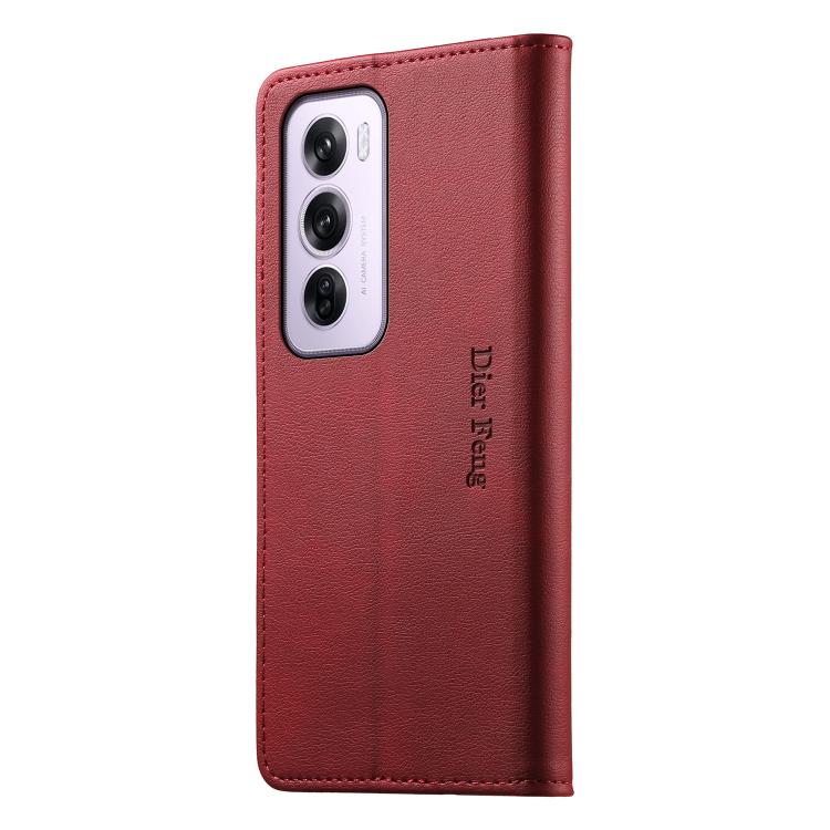 For OPPO Reno12 Pro Global Dierfeng Metal Snap Magnetic RFID Vegan Leather Phone Case