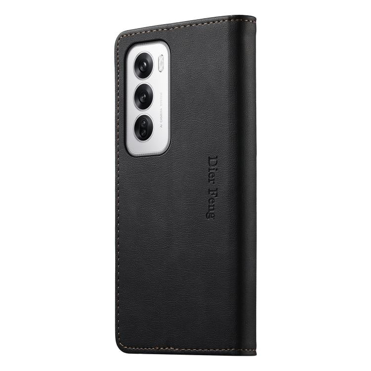For OPPO Reno12 Global Dierfeng Metal Snap Magnetic RFID Vegan Leather Phone Case