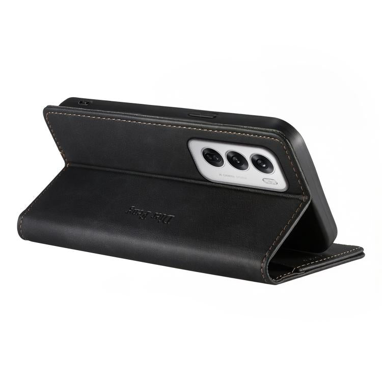 For OPPO Reno12 Global Dierfeng Metal Snap Magnetic RFID Vegan Leather Phone Case