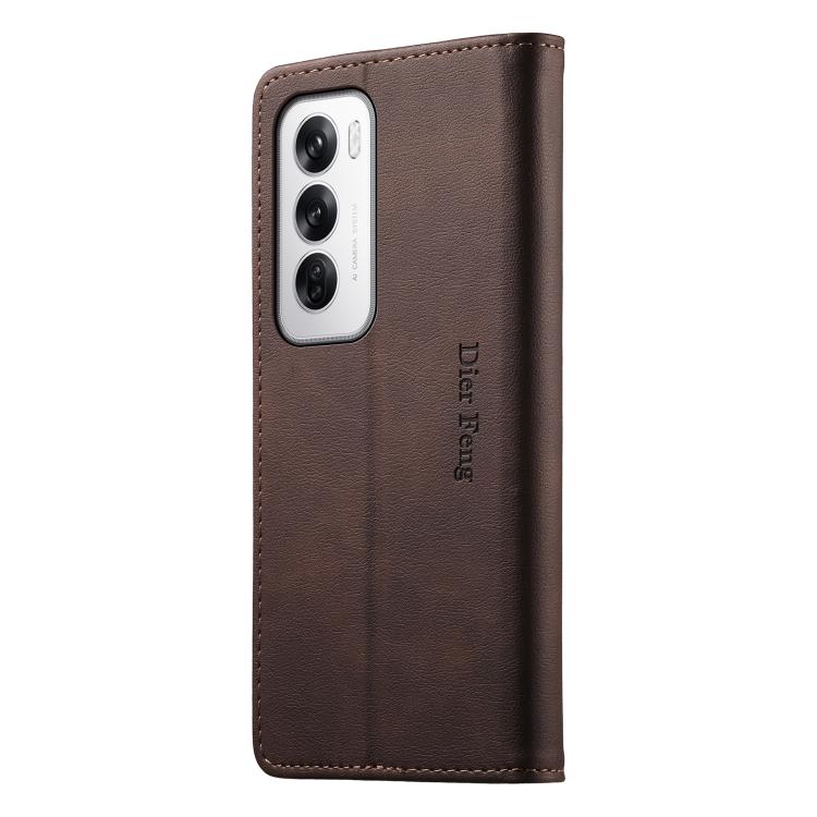 For OPPO Reno12 Global Dierfeng Metal Snap Magnetic RFID Vegan Leather Phone Case