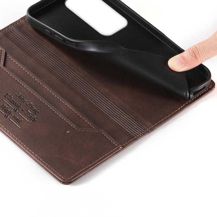 For OPPO Reno12 Global Dierfeng Metal Snap Magnetic RFID Vegan Leather Phone Case