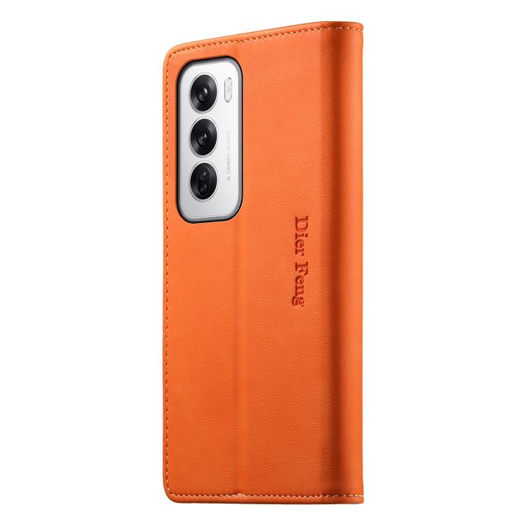 For OPPO Reno12 Global Dierfeng Metal Snap Magnetic RFID Vegan Leather Phone Case