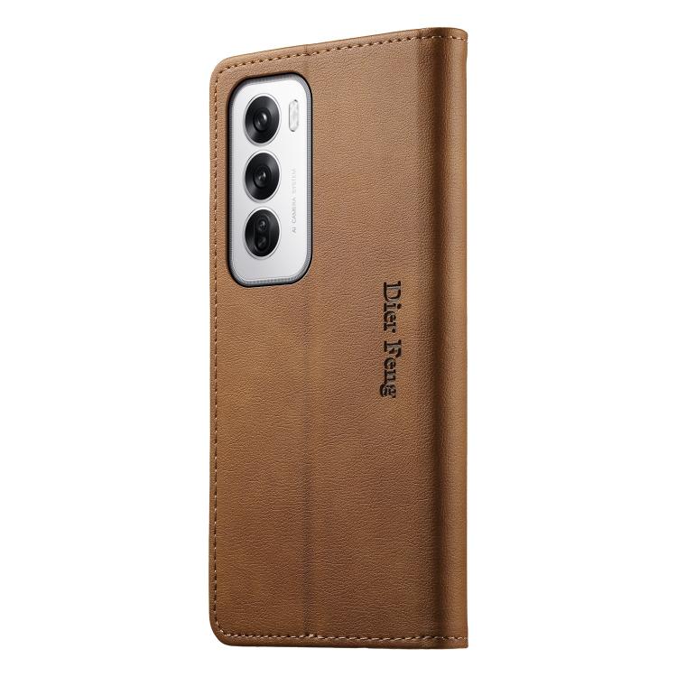 For OPPO Reno12 Global Dierfeng Metal Snap Magnetic RFID Vegan Leather Phone Case